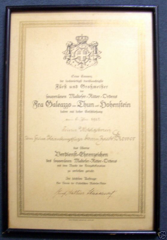 Framed historical document of Galeas von Thun und Hohenstein